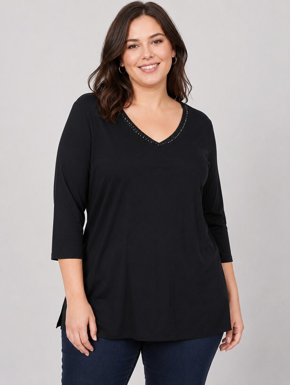 Avenue 2X Black 100% Cotton Embellished Cut Out 3/4 Sleeve V Neck Tunic Top